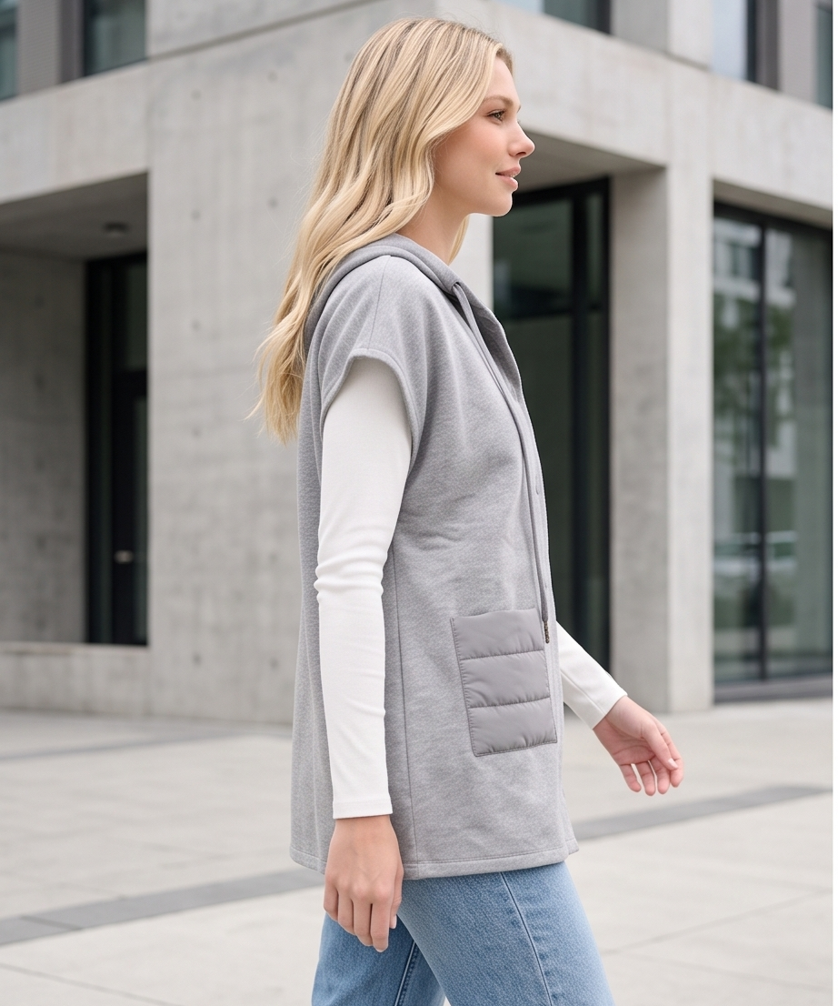 Padded Hooded Cape Vest with Snap Front