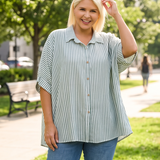 Curvy Oversized Striped Short Sleeve Button Up