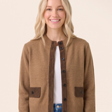 Suede Trim Mock Neck Button-Down Sweater Jacket