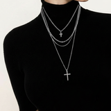 Silver Multi Strand Long Cross Necklace