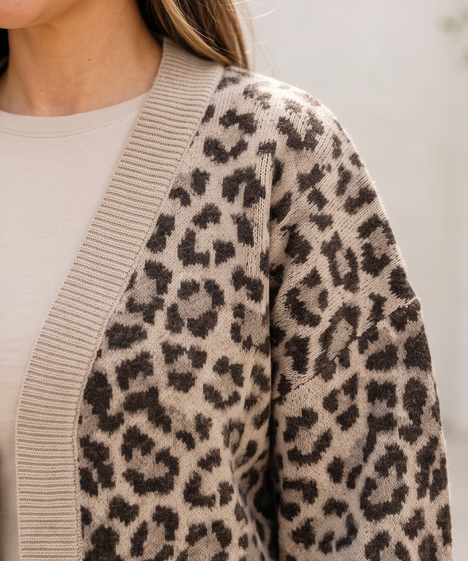 Leopard Jacquard Balloon Sleeve Open-Front Cardigan