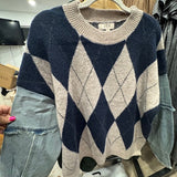 ARGYLE DISTRESSED DENIM SLEEVE KNIT SWEATER