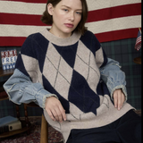 ARGYLE DISTRESSED DENIM SLEEVE KNIT SWEATER