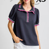Navy Pink Ruffle Trim Top