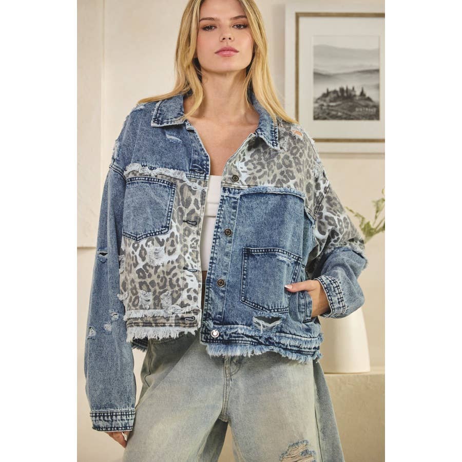 WASHED LEOPARD CONTRAST DENIM JACKET