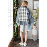 WASHED DENIM PLAID MIXED LAYERED ZIP UP JACKET