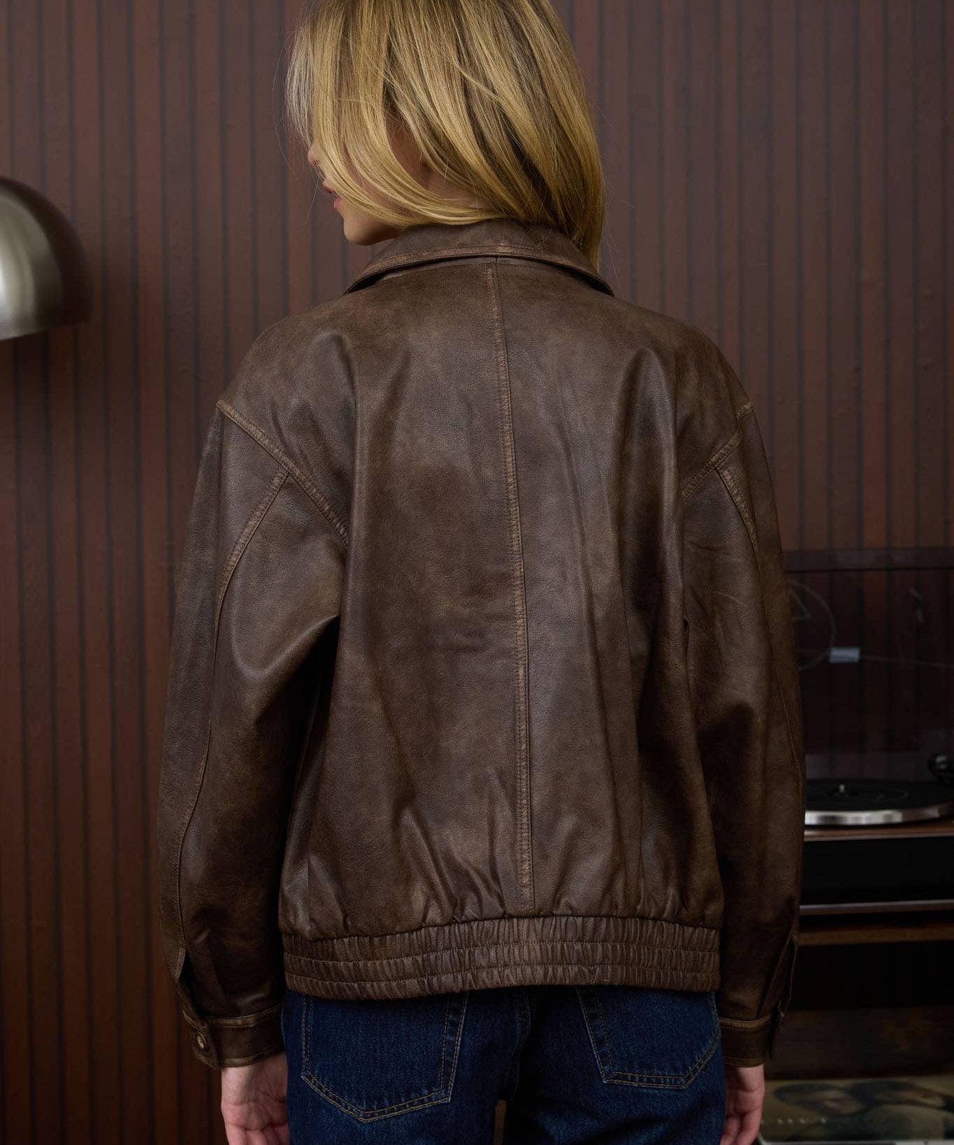 COLLARED ZIP-UP WASHED FAUX LEATHER JACKET