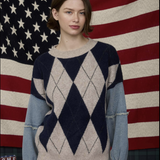 ARGYLE DISTRESSED DENIM SLEEVE KNIT SWEATER