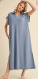 Blue midi dress with open collared neck
