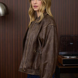 COLLARED ZIP-UP WASHED FAUX LEATHER JACKET