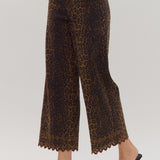 Leopard pants with floral embroidered hem